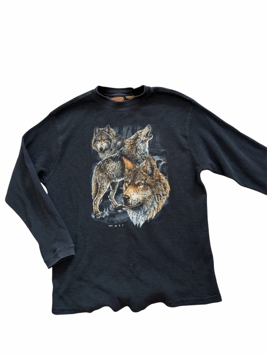 Other - Vintage Wolf Graphic Waffle Knit Long Sleeve Black Y2K Mens L